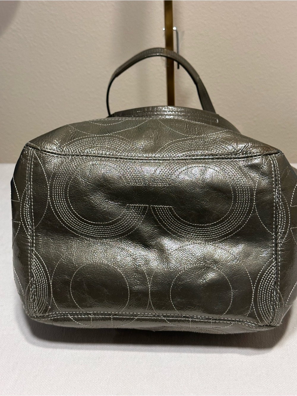 Coach Alex Stitched Patent Tote in a metallic Ollive Green color - Picture 7 of 13